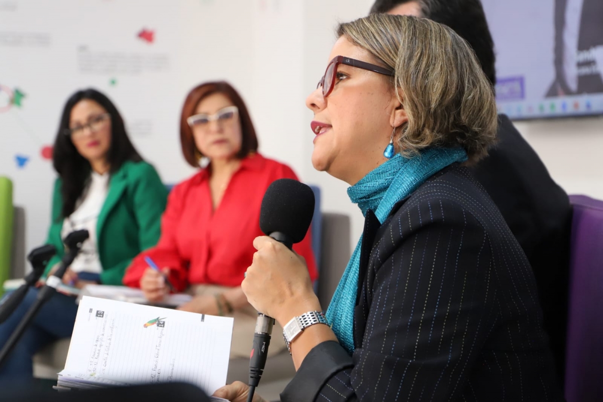 Hablando por micrófono Sandra Marcela Durán Chiappe, decana de la Facultad de Educación de la Universidad Pedagógica Nacional