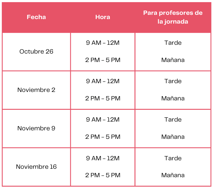 Imagen con tabla del horario de Huellas, caminos, trazos y paisajes en las experiencias investigativas de las maestras y los maestros de Bogotá