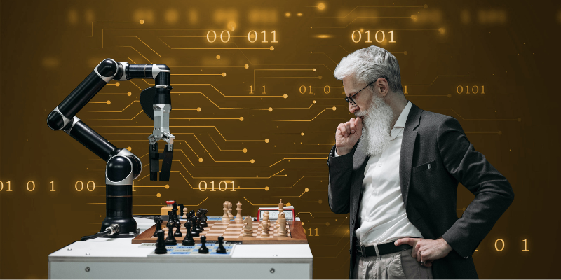 Un hombre jugando ajedrez con un robot
