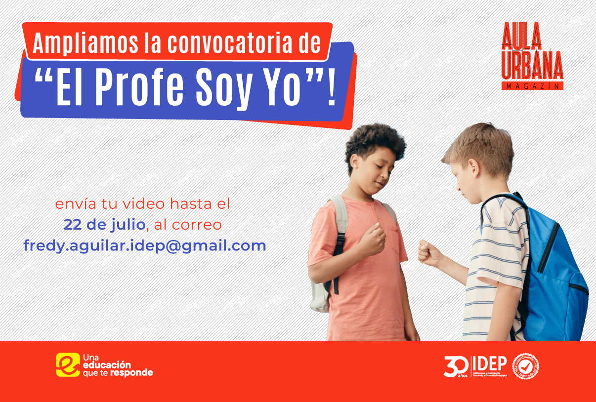 Dos niños saludando, un titulo de ampliación de la convocatoria el profe soy yo MAU 133