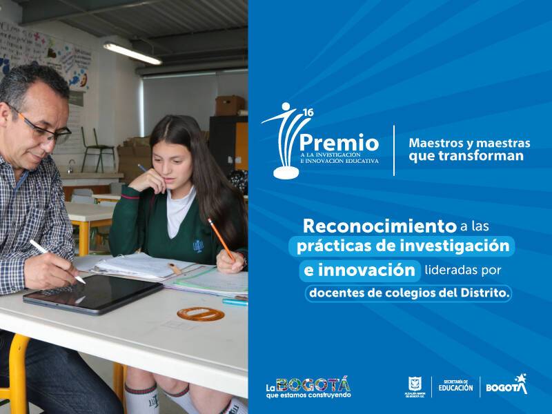 Imagen de Maestro con una alumna y el logo del premio a la investigación e innovación educativa