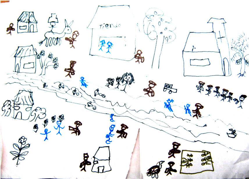 Dibujo de la representación de una comunidad, casas, personas y animales