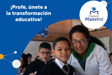 Profesora con un niño y un texto: Profe, únete a la transformación educativa